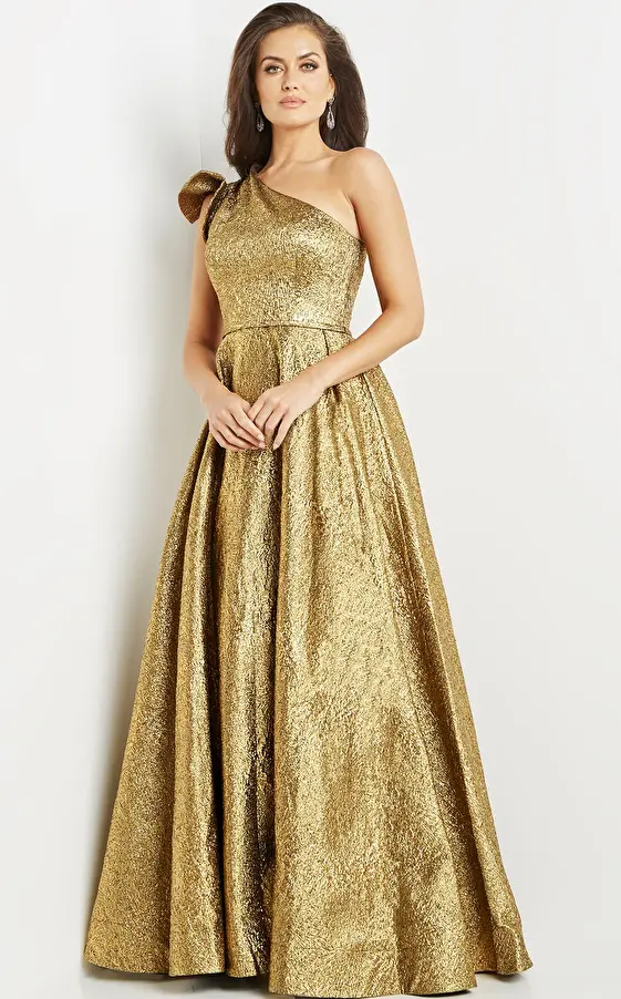 Jovani 22268 Gold A Line One Shoulder Evening Gown